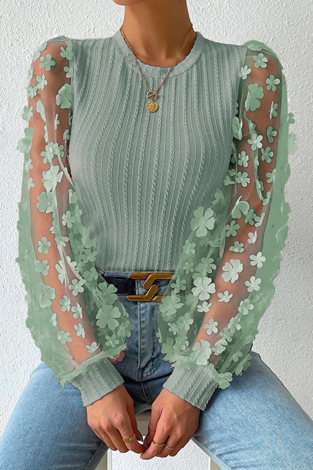 Double Take Textured Applique Long Sleeve Blouse - Create the impossible