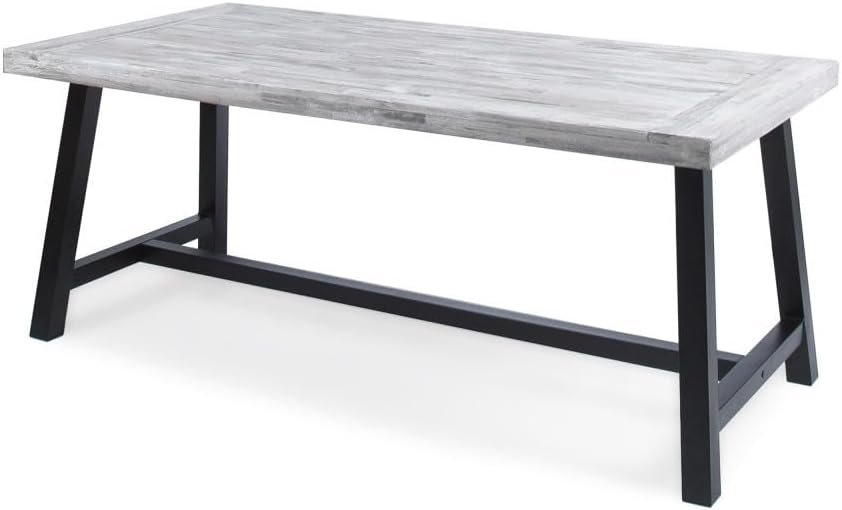 ya 28 10.13 baidi Light Grey Sandblast Acacia Wood Dining Table - Rustic Black Metal Frame
