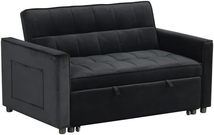 ya 28 10.13 baidi Black 53.5W Velvet Convertible Sleeper Loveseat Tufting Side Pocket