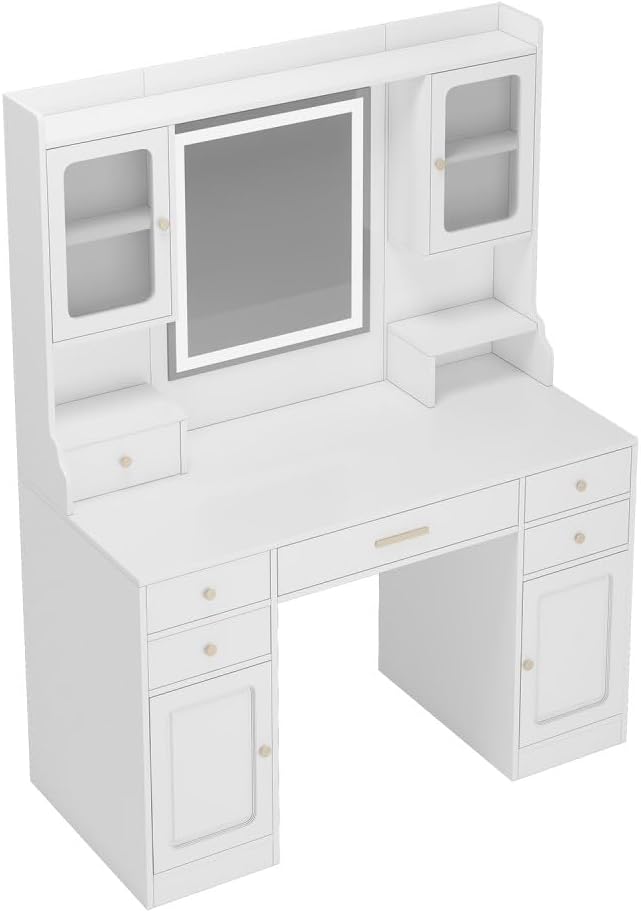 ya 28 10.13 baidi Dresser Desk White Large Vanity Table Set - Mirror, 6 Drawers & Shelves