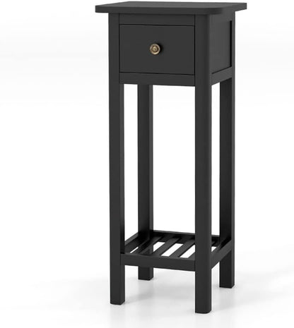 ya 28 10.13 baidi Black 2 Tier Slim Nightstand Bedside Table Drawer Shelf