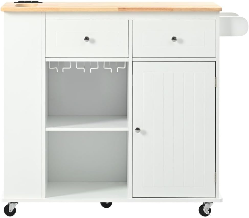 ya 28 10.13 baidi Kitchen Island White ¨C Rubber Wood, Open Storage+Wine , Adjustable Storage