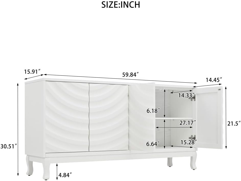 ya 28 10.13 baidi Elegant Sideboard Cabinet 4- Wavy Doors Arched Groove Adjustable White