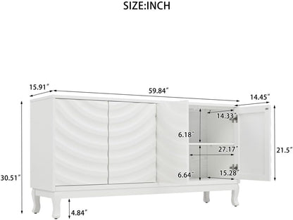 ya 28 10.13 baidi Elegant Sideboard Cabinet 4- Wavy Doors Arched Groove Adjustable White
