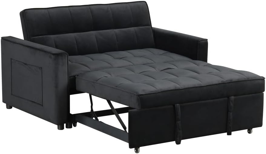 ya 28 10.13 baidi Black 53.5W Velvet Convertible Sleeper Loveseat Tufting Side Pocket