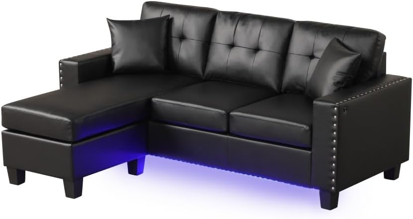 ya 28 10.13 baidi PVC Reversible Sectional Sofa Chaise Black withThrow Pillows, Tufted Cushio