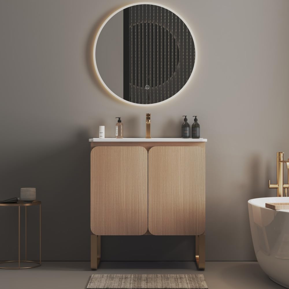 ya 28 10.13 baidi 30 Light Oak Wood Modern Bathroom Vanity - Mounted, Ceramic Sink, 2 Doors