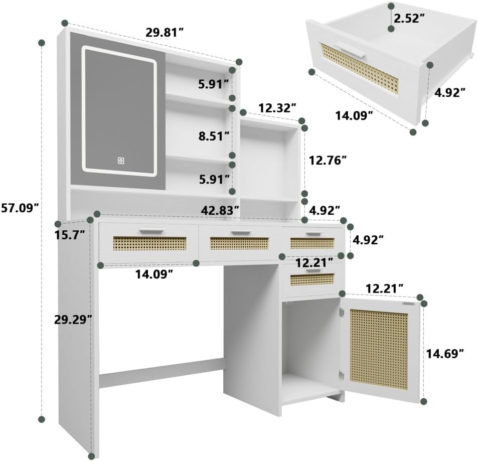 ya 28 10.13 baidi White Makeup Vanity w/3 Color Lights Open Mirror 4 Drawers Cabinet Shelves