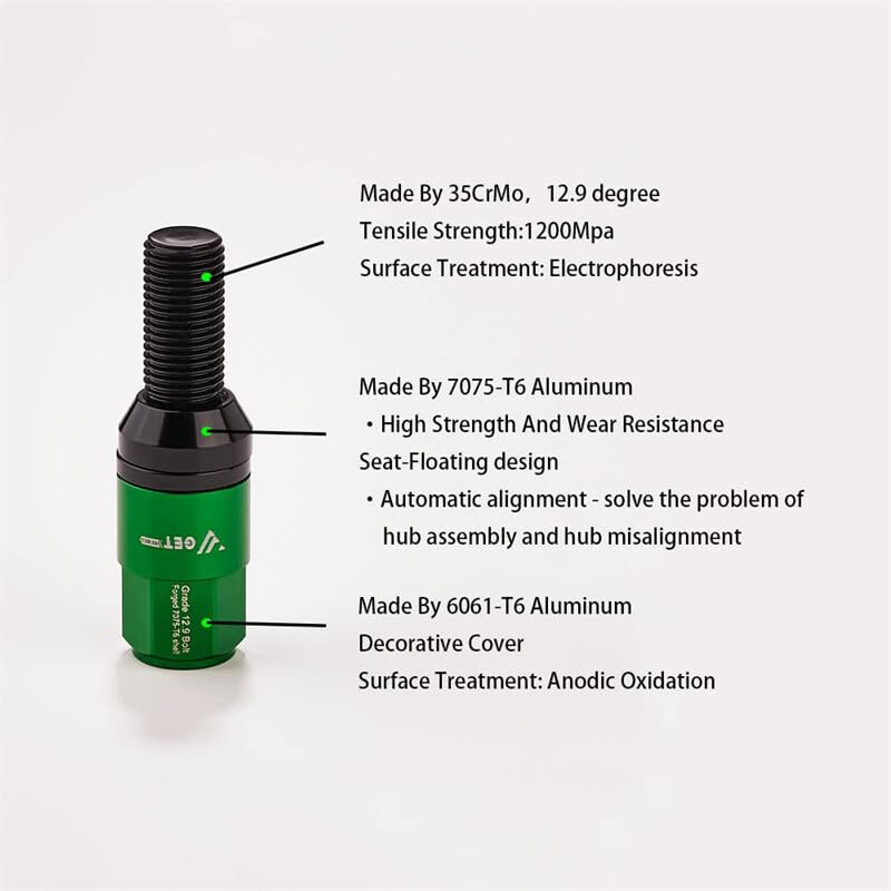 ya 10 9.16 baidi 20 Pack Green M12x1.25 Wheel Lug Bolts Tapered for SEAT Studs 28mm Shank for Jeep for Chrysler -