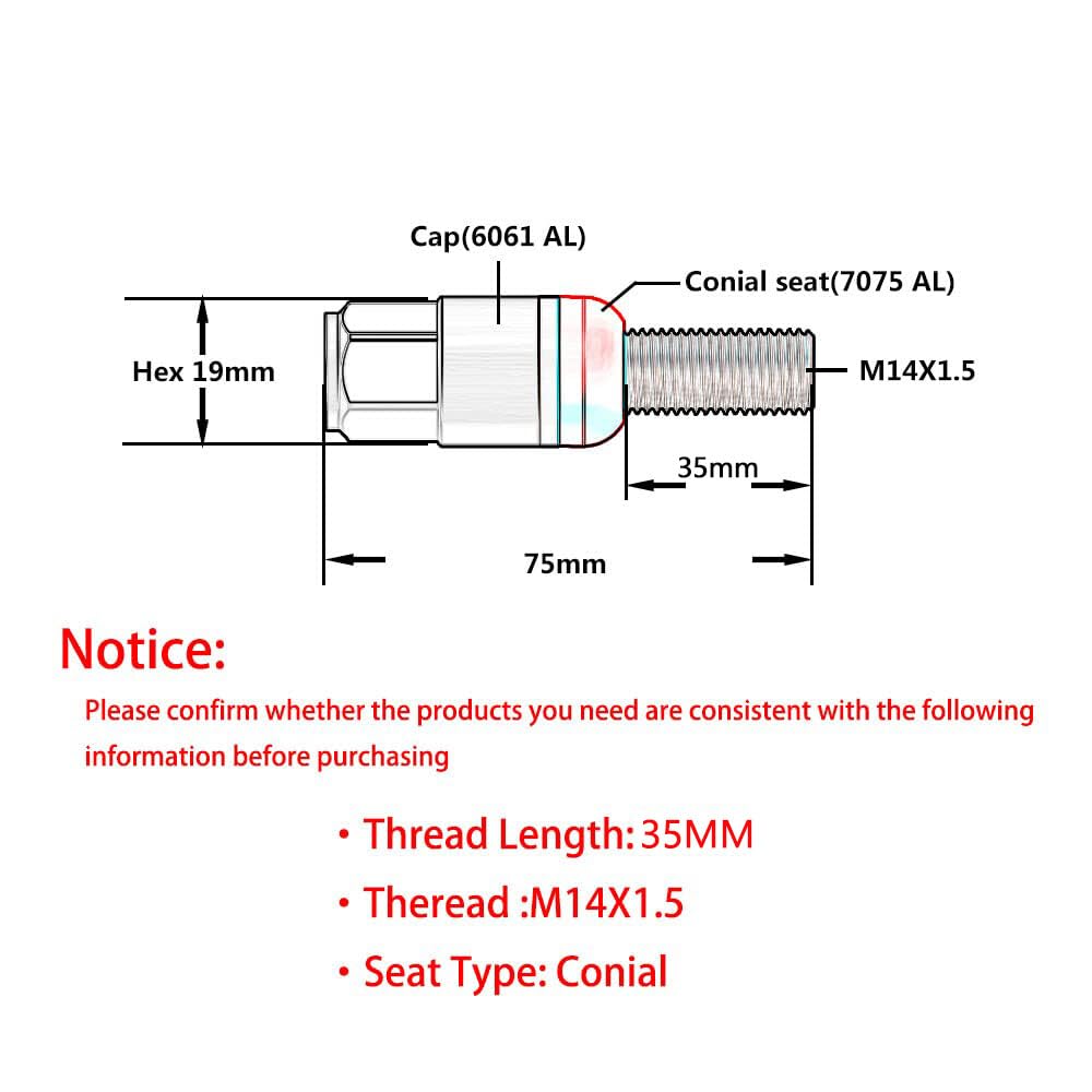 ya 10 9.16 baidi 20 Pack M14x1.5 Wheel Lug Bolts Tapered for SEAT Stud Set 35mm Shank Suitable for Most Aftermarket -