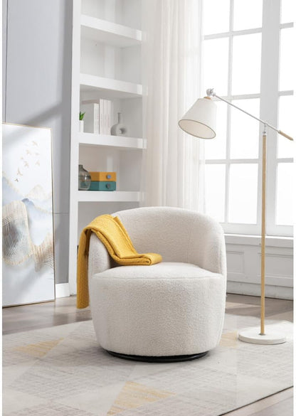 ya 28 10.13 baidi Ivory White Teddy Fabric Swivel Armchair Black Metal Ring