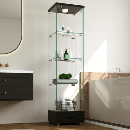 ya 28 10.13 baidi Tempered Glass Black Display Cabinet - 1- , 4 Shelves, Drawer, LED Lights