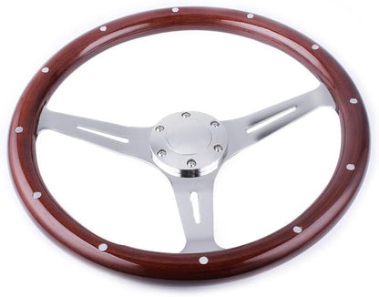 ya 4 8.14 15inch Real Wood 6-Hole 3 Spoke Chrome Marine Boat Steering Wheel with Rivet