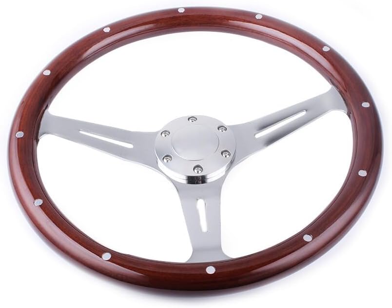 ya 4 8.24 baidi 15inch Real Wood 6-Hole 3 Spoke Chrome Marine Boat Steering Wheel with Rivet