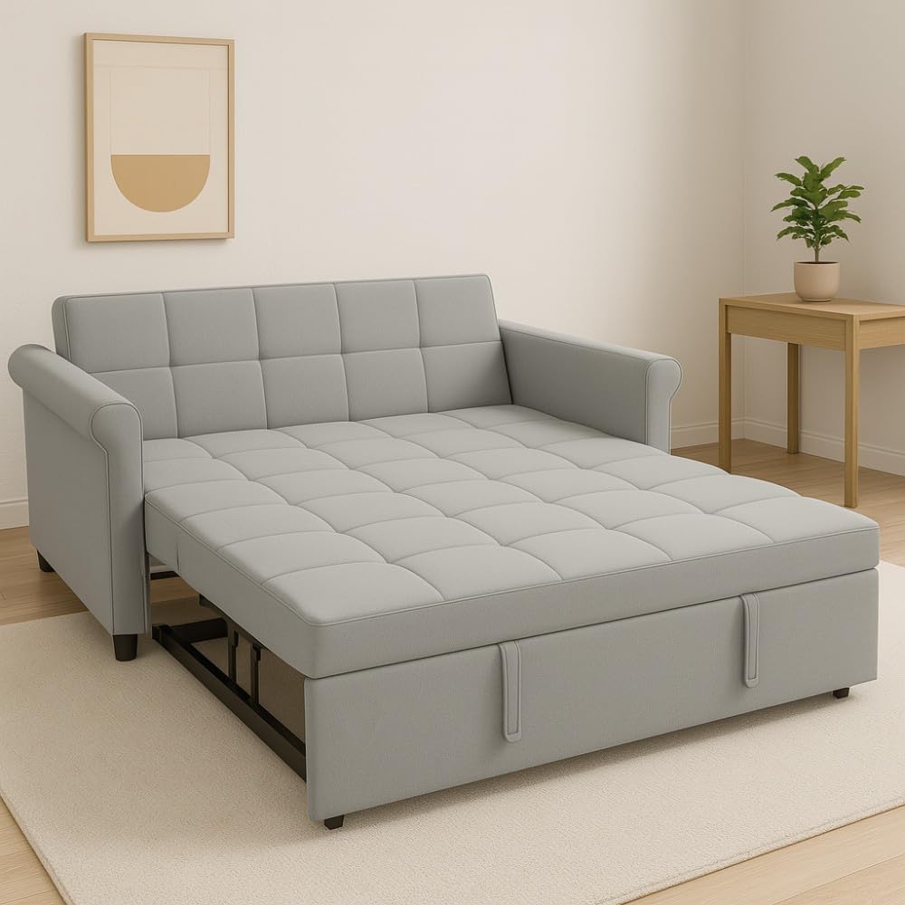 ya 28 10.13 baidi 2-Seater Convertible Velvet Loveseat Sofa Bed-Gray Pull-Out,Side Pocket,Com