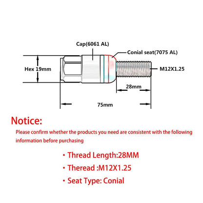 ya 10 9.16 baidi 20x M12x1.25 Wheel Lug Bolt28mm Shank Cone for SEAT Stud for Most Aftermarket Silver