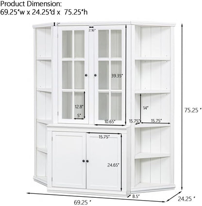 ya 28 10.13 baidi 75.25''H White Display Cabinet + 2 Triangle Shelves, Retro Suit,Glass Doors