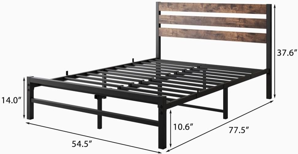 ya 28 10.13 baidi Rustic Vintage Full Platform Bed No Box Black Wood Headboard&Metal Slats
