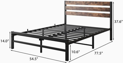 ya 28 10.13 baidi Rustic Vintage Full Platform Bed No Box Black Wood Headboard&Metal Slats