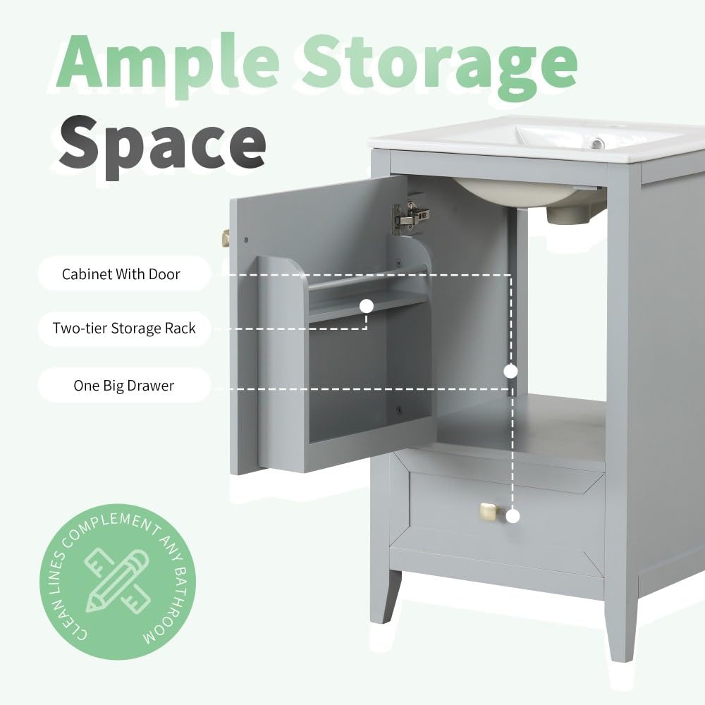 ya 28 10.13 baidi 20 Bathroom Vanity Sink - Soft Closing, Storage, 1 Drawer Grey