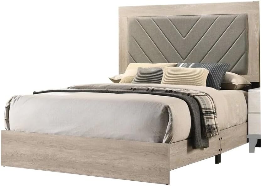 ya 28 10.13 baidi California King Bed, Gray V-Design Headboard, Cream Finish, Rubberwood Bedf