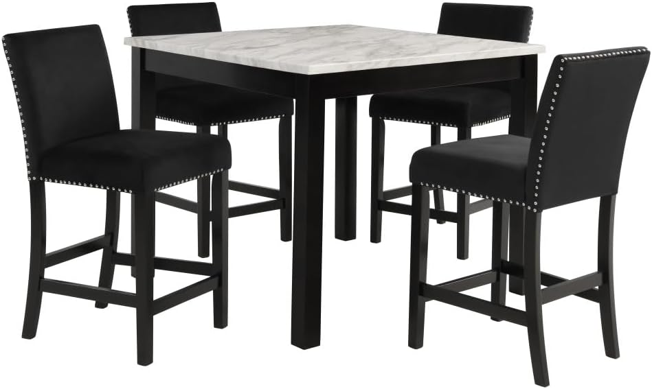 ya 28 10.13 baidi White Faux Marble Square Table&Black Velvet Chairs 5pc Counter Height Dinin