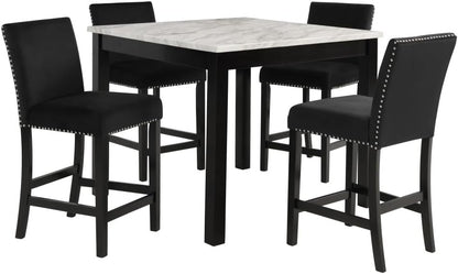 ya 28 10.13 baidi White Faux Marble Square Table&Black Velvet Chairs 5pc Counter Height Dinin