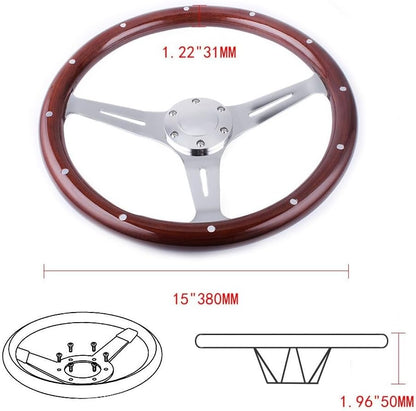 ya 4 8.24 baidi 15inch Real Wood 6-Hole 3 Spoke Chrome Marine Boat Steering Wheel with Rivet
