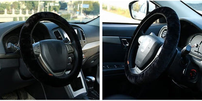 ya 4 8.14 Plush Stretch-on Vehicle Steering Wheel Cover Classic Comfy Black Car Wheel