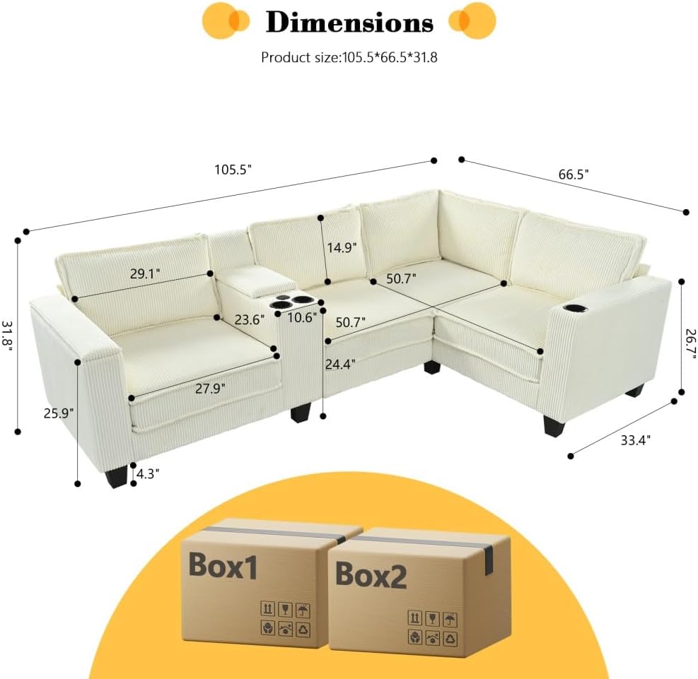ya 28 10.13 baidi L-Shaped Beige 4-Seater Corduroy Sofa,Storage Armrests+Console,Switchable S