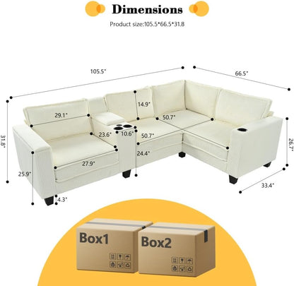 ya 28 10.13 baidi L-Shaped Beige 4-Seater Corduroy Sofa,Storage Armrests+Console,Switchable S