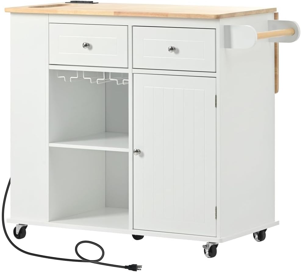ya 28 10.13 baidi Kitchen Island White ¨C Rubber Wood, Open Storage+Wine , Adjustable Storage