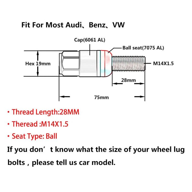 ya 10 9.16 baidi 20x M14x1.5 Wheel Lug Bolt Set28mm Shank Ball for SEAT Studs for Audi for VW for for Benz Silver