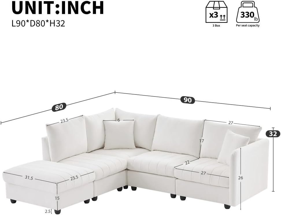 ya 28 10.13 baidi 90*80 Modular Sectional Sofa Modern - 5 Seat L-Shaped,Movable Ottoman, Whi