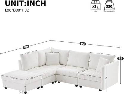 ya 28 10.13 baidi 90*80 Modular Sectional Sofa Modern - 5 Seat L-Shaped,Movable Ottoman, Whi