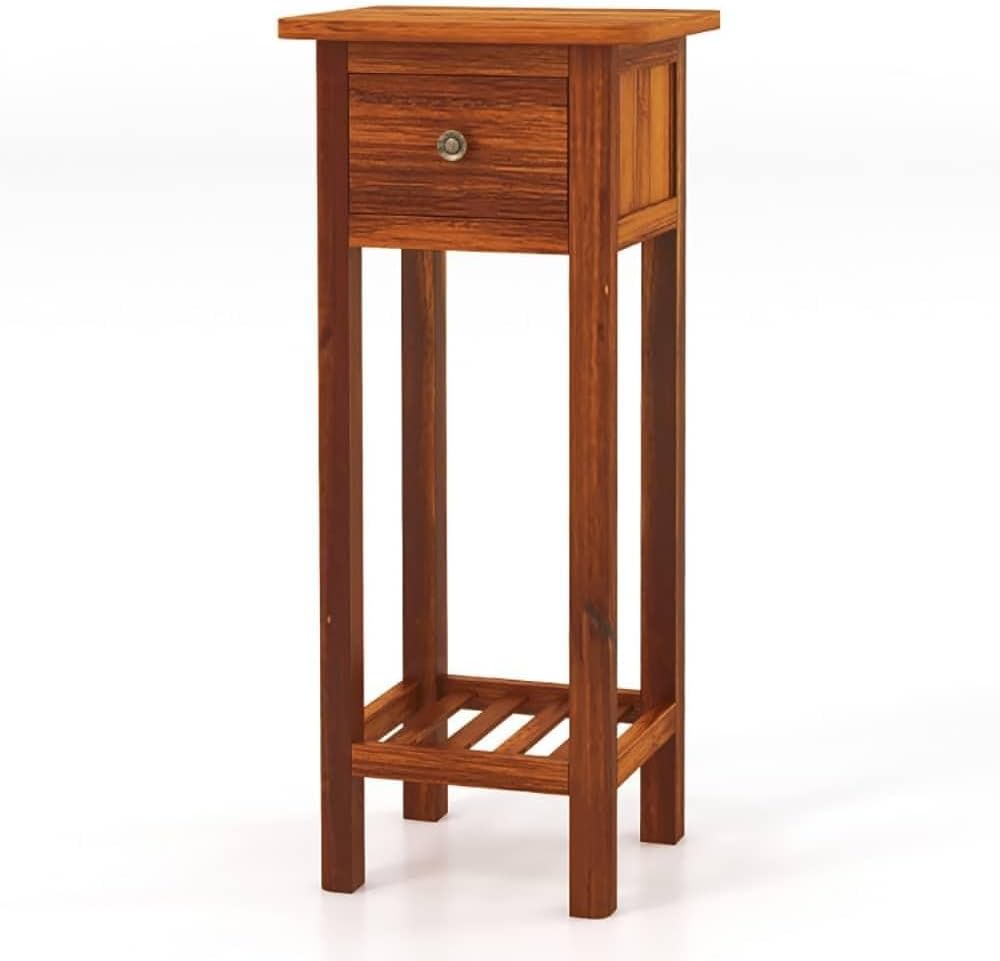 ya 28 10.13 baidi Brown 2 Tier Slim Nightstand Bedside Table Drawer Shelf Vintage Style