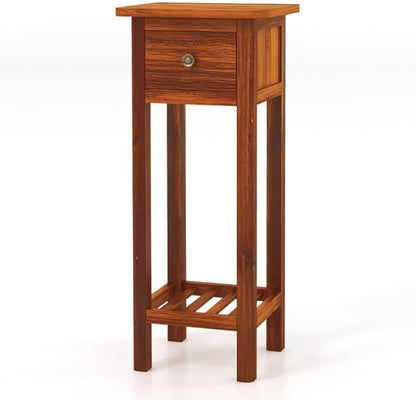 ya 28 10.13 baidi Brown 2 Tier Slim Nightstand Bedside Table Drawer Shelf Vintage Style