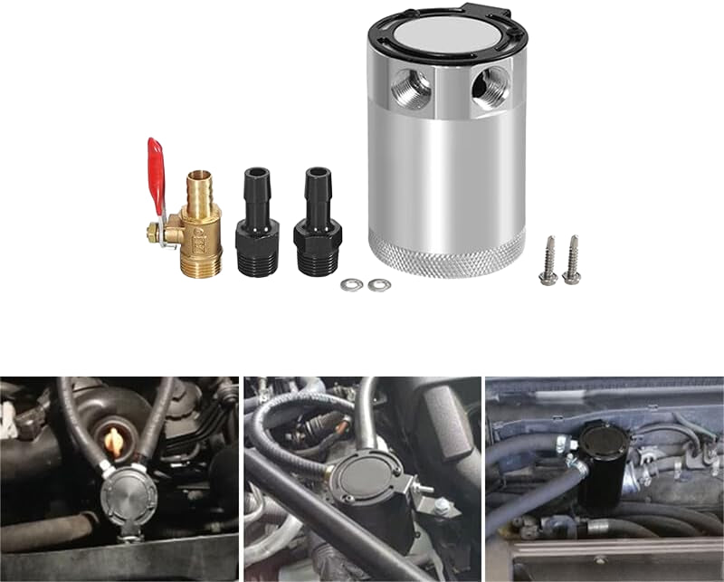 ya 9 10.24 Oil Catch Can Baffled 2Port Oil Catch Tank Reservoir Drain Valve Universal Silve