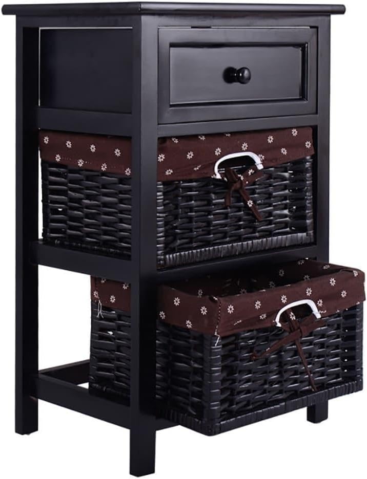ya 28 10.13 baidi 3 Tiers Black Wooden Storage Nightstand W/ 2 Baskets 1 Drawer Simple Design