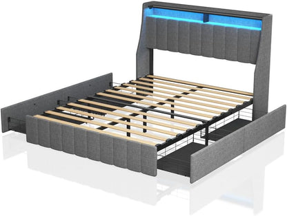 ya 28 10.13 baidi Light Grey Queen Size Bed Frame w/ LED, 4 -Bed Drawers, Wing Headboard