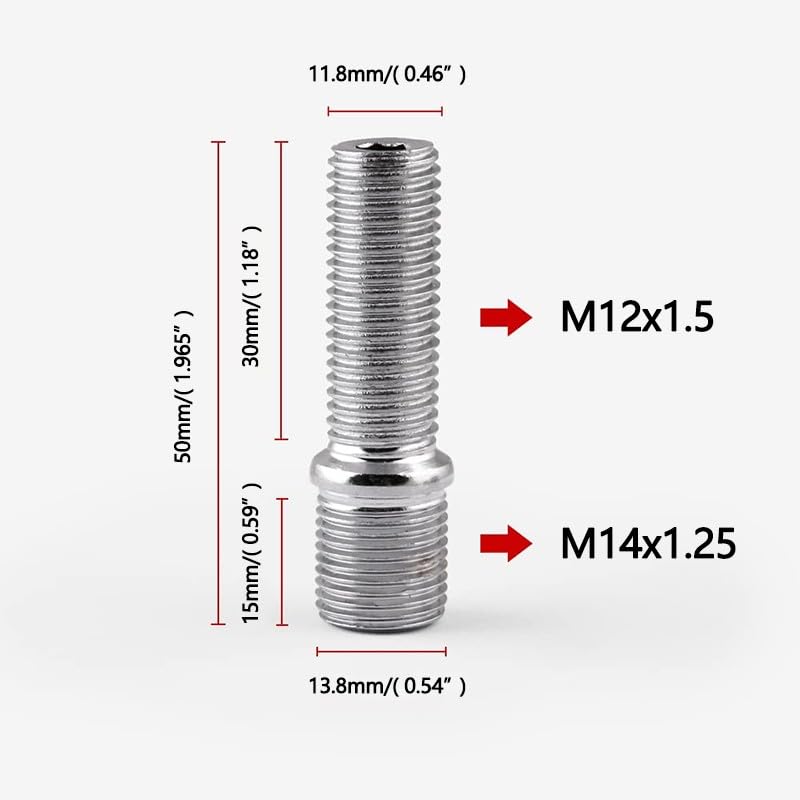 ya 10 9.16 baidi 20pcs M14x1.25 to M12x1.5 50mm Extended Wheel Stud Bolt Conversion Screw Adapter
