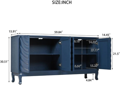 ya 28 10.13 baidi Elegant Sideboard Cabinet 4- Wavy Doors Arched Groove Navy Adjustable Blue