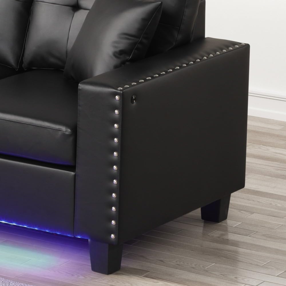 ya 28 10.13 baidi PVC Reversible Sectional Sofa Chaise Black withThrow Pillows, Tufted Cushio