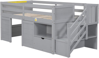 ya 28 10.13 baidi Low Loft Bed Gray Stairs Solid Wood Bed W/Drawer & Shelf
