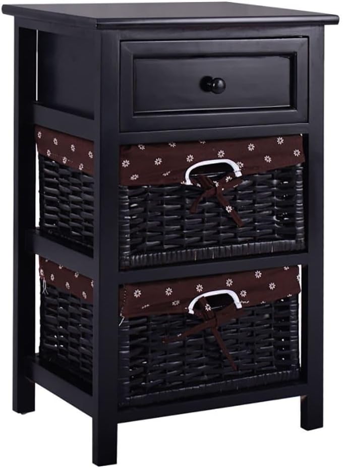 ya 28 10.13 baidi 3 Tiers Black Wooden Storage Nightstand W/ 2 Baskets 1 Drawer Simple Design