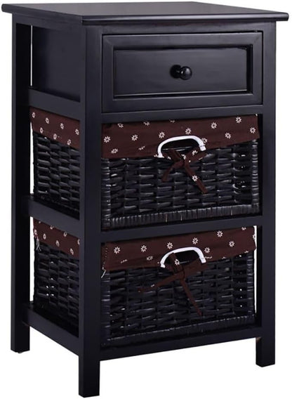 ya 28 10.13 baidi 3 Tiers Black Wooden Storage Nightstand W/ 2 Baskets 1 Drawer Simple Design