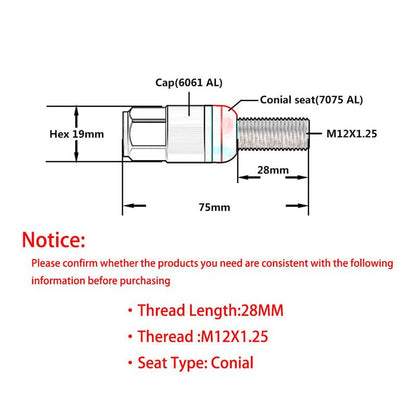 ya 5 8.10 M12x1.25 Wheel Lug Bolts 20pcs Cone for SEAT Studs 28mm Shank for Jeep for Chrysler Red