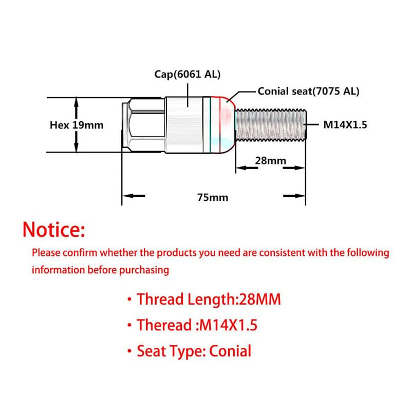 ya 10 9.16 baidi 20pcs M14x1.5 Red Wheel Lug Bolt 28mm Shank Cone for SEAT Stud for Most Aftermarket
