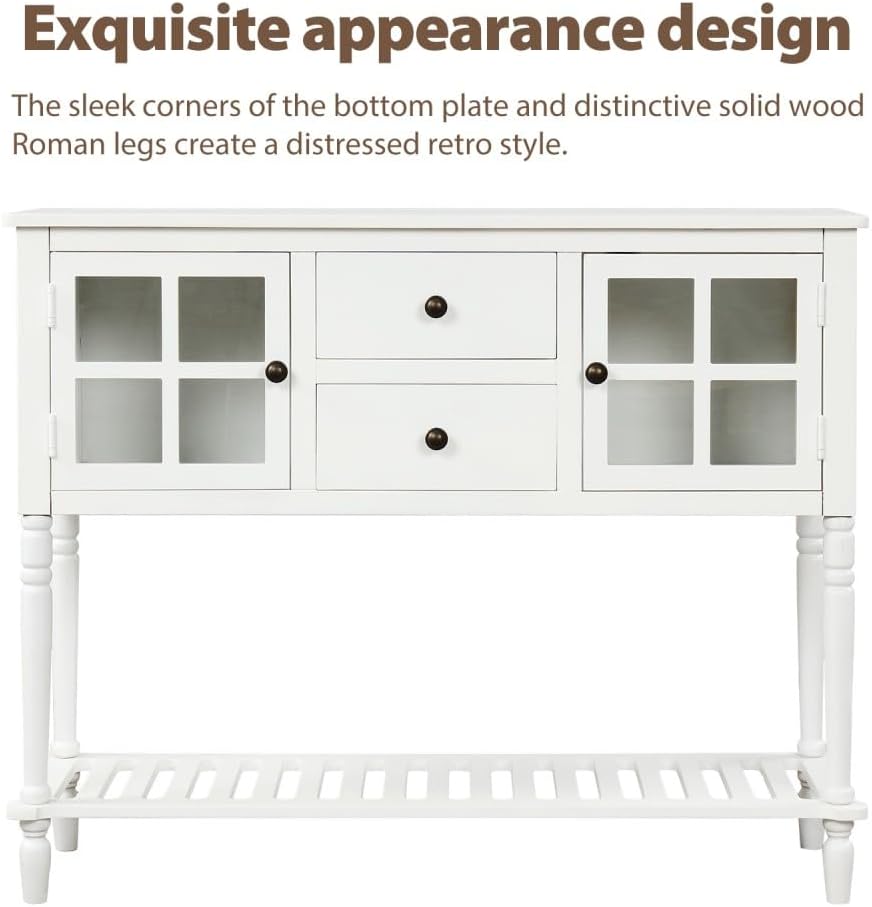 ya 28 10.13 baidi Sideboard White Console Table Bottom Shelf, Glass Buffet Storage Cabinet