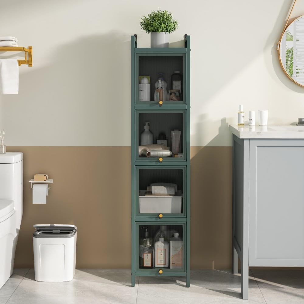 ya 28 10.13 baidi Modern Dark Green Four-tier Glass Cabinet,w/Five-tier Storage for Entryway